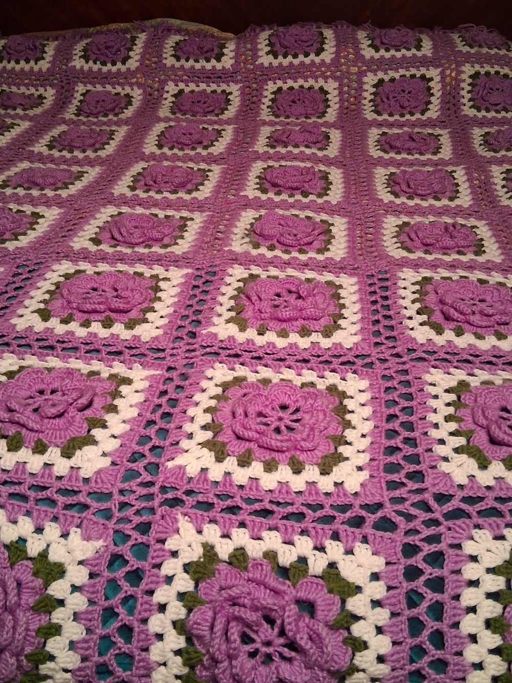 Handmade Crochet Floral Throw Blanket - Purple, Cream & Green 7x7